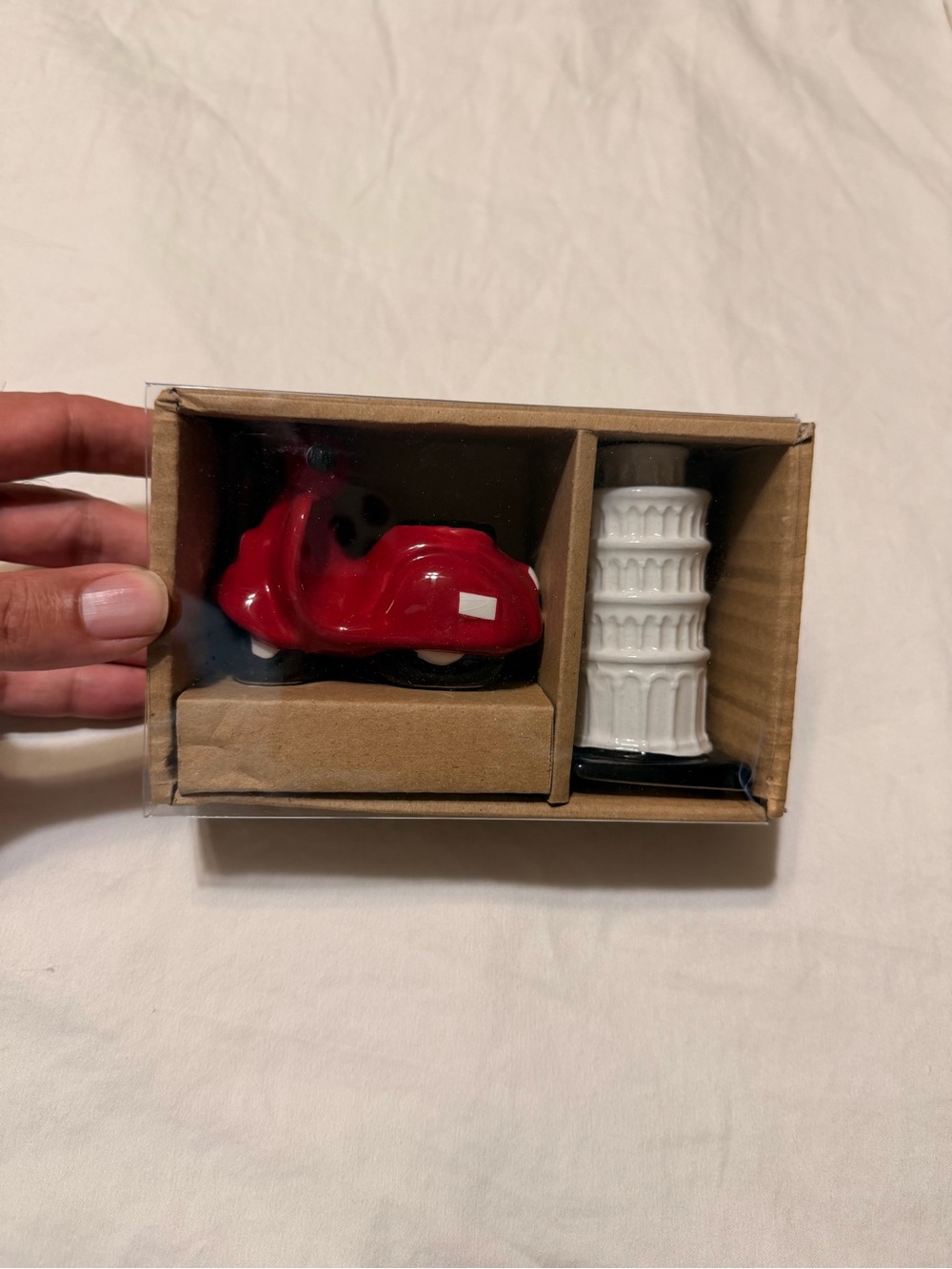 New world Market Salt & Pepper Shakers Set of White Pisa Tower & Red Scooter